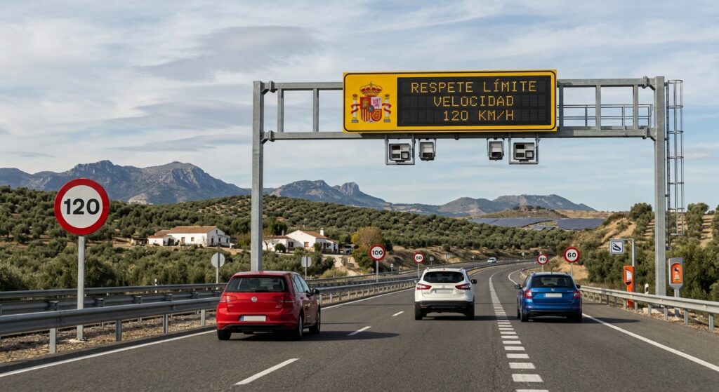 Fotografía a nivel de calzada de una autovía en España con pórtico de la DGT y señales de velocidad.