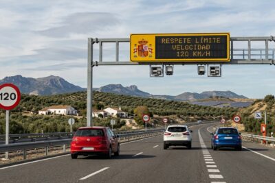 Fotografía a nivel de calzada de una autovía en España con pórtico de la DGT y señales de velocidad.