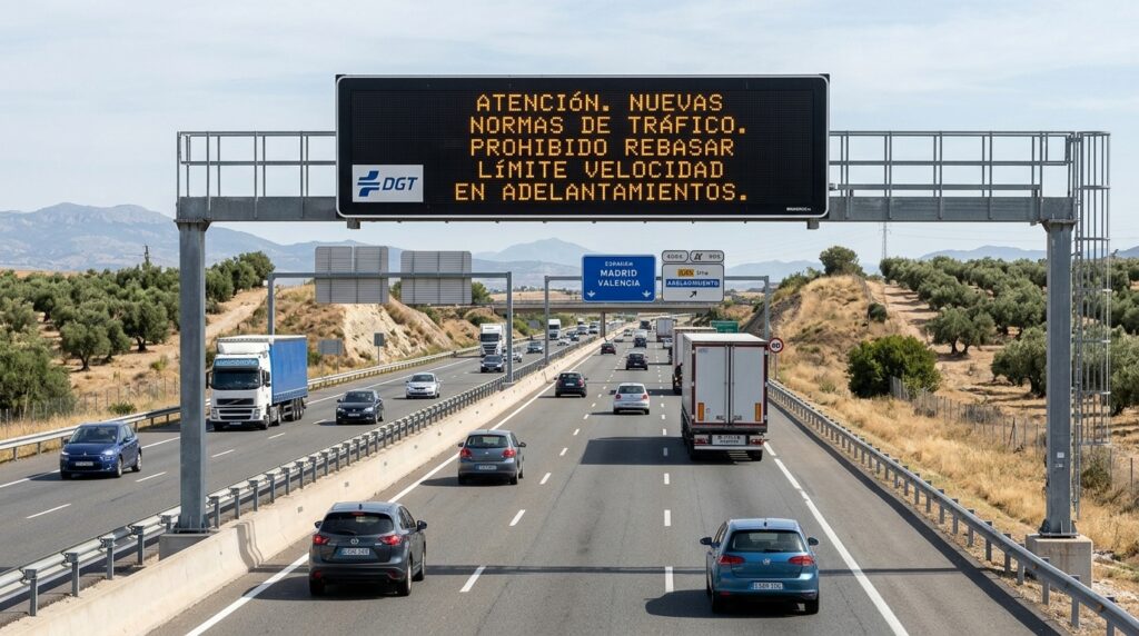 Fotografía realista de una autovía en España con un panel de mensajes variables de la DGT sobre seguridad vial y normas de tráfico