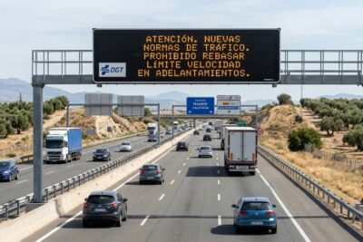 Fotografía realista de una autovía en España con un panel de mensajes variables de la DGT sobre seguridad vial y normas de tráfico